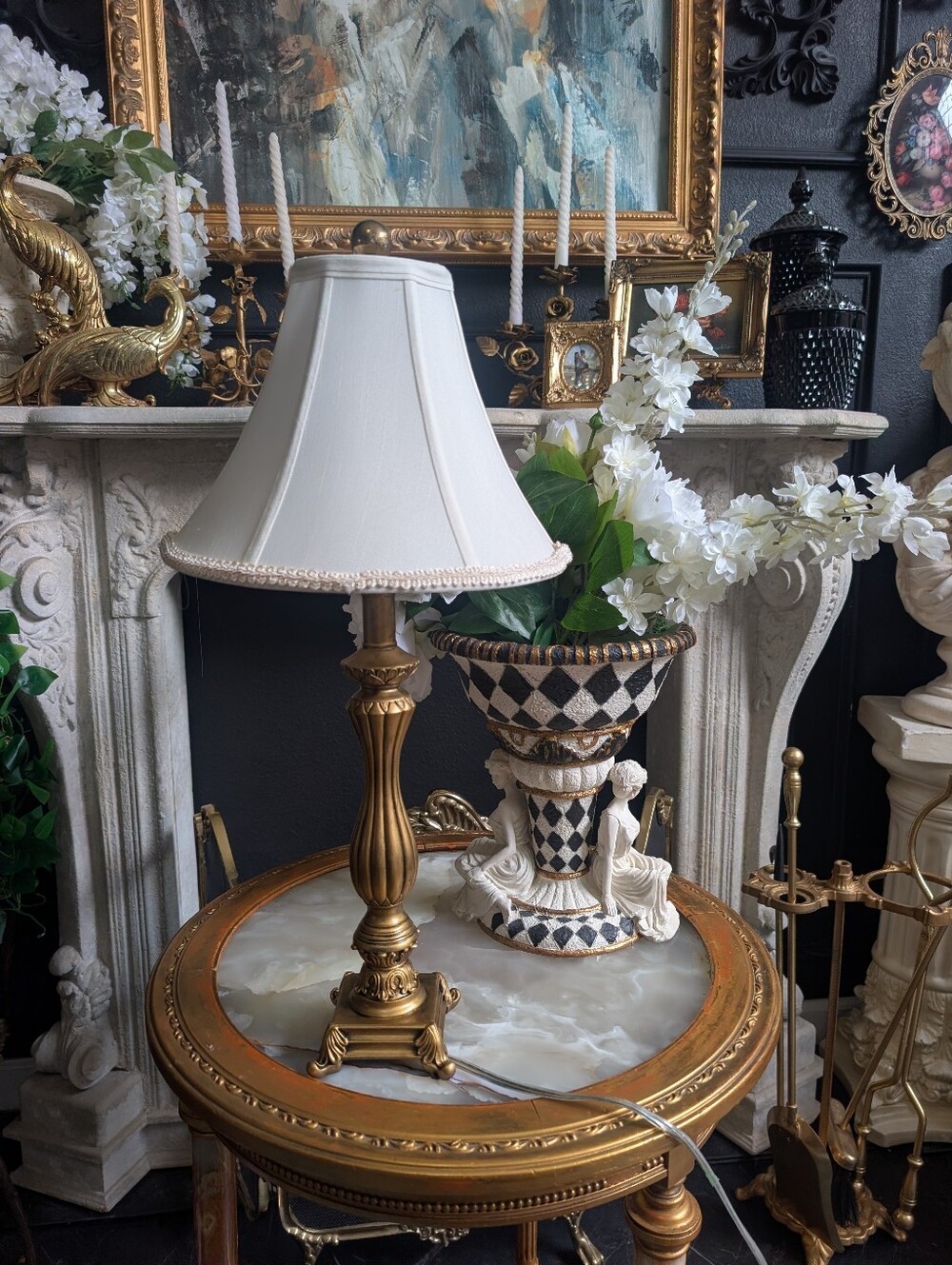 Vintage Hollywood Regency Gold Ornate Footed Table Lamp, Neoclassical Fluted Urn